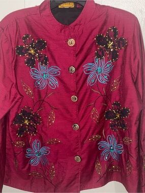 Women's Magenta Embroidered Button-Down Shirt Jacket
